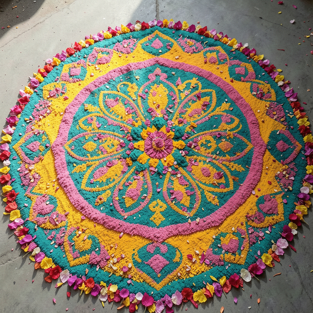 Intricate rangoli floor design made from colored powder and flower petals, radial symmetry, rich saffron, teal, and pink tones.