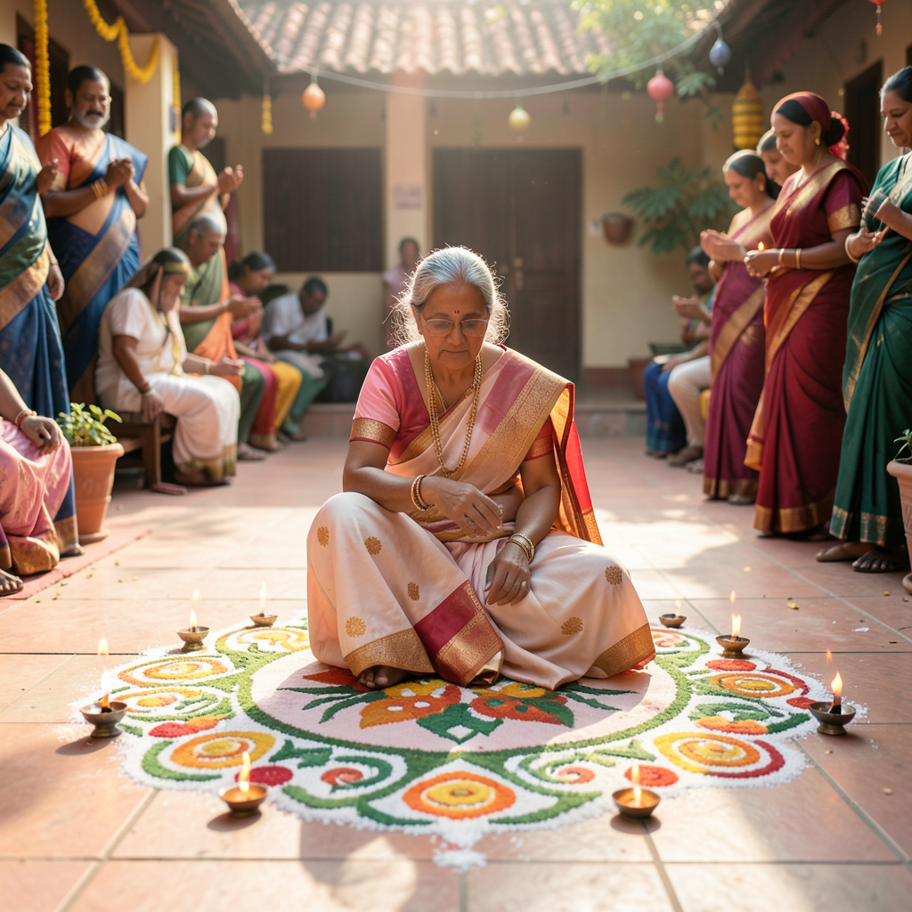 Morning courtyard with a fresh rangoli pattern around small oil lamps, soft sunlight, respectful festival atmosphere.
