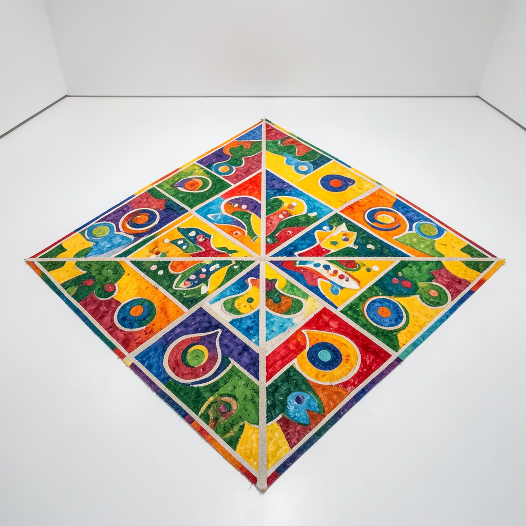 Contemporary rangoli-inspired geometric installation on a white gallery floor, layered pigments, overhead composition.