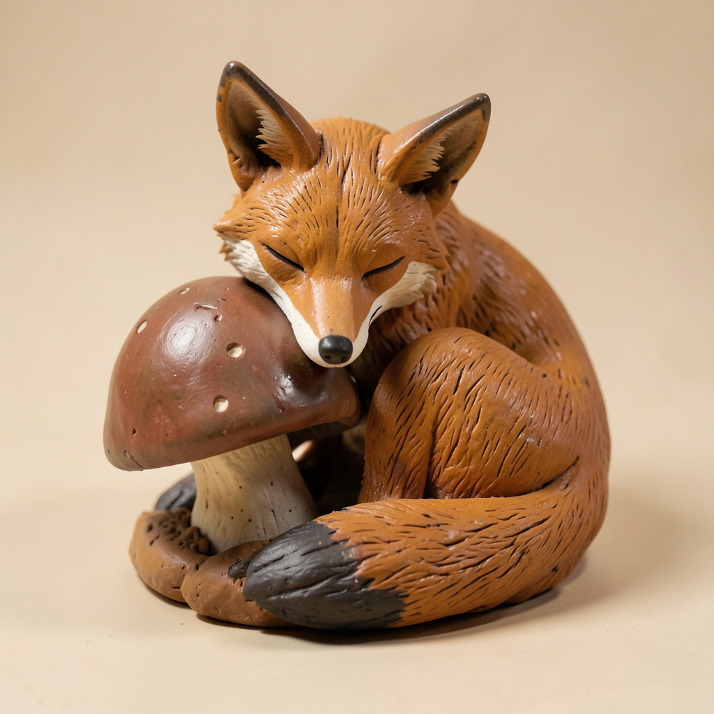 Hand-built clay sculpture of a sleepy fox curled around a mushroom, matte glaze, warm studio light, tactile ceramic detail.