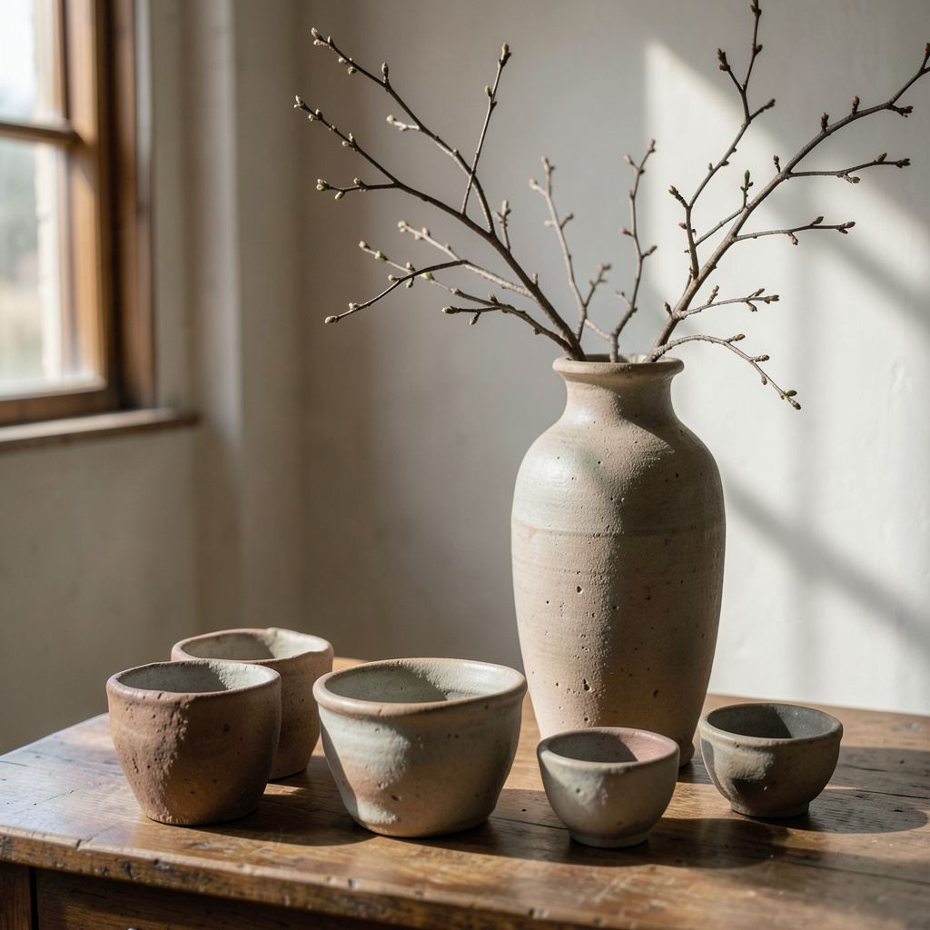 Earthenware still life of irregular cups and a tall vase with wild branches, wabi-sabi surface, soft window shadows.