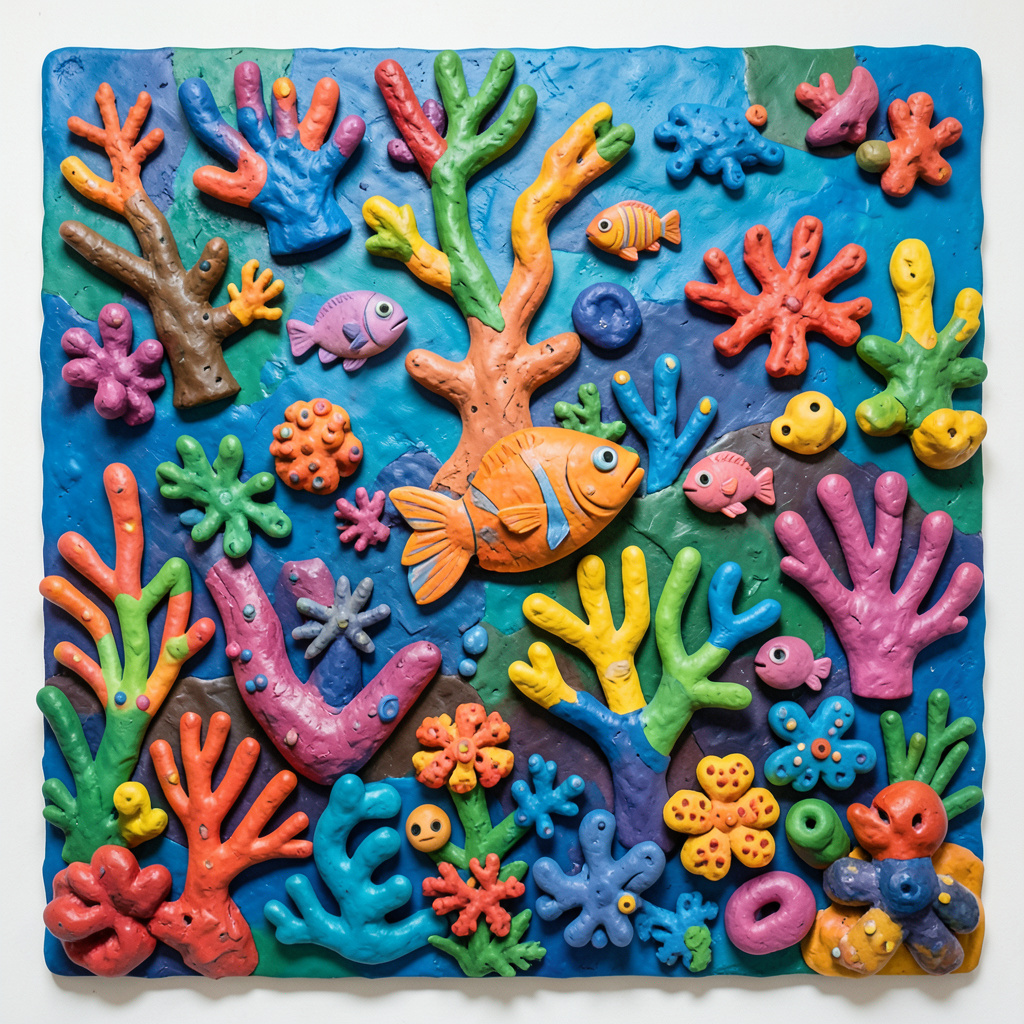 Colorful clay relief mural of a coral reef, hand-pressed textures, playful forms, bright gallery presentation.