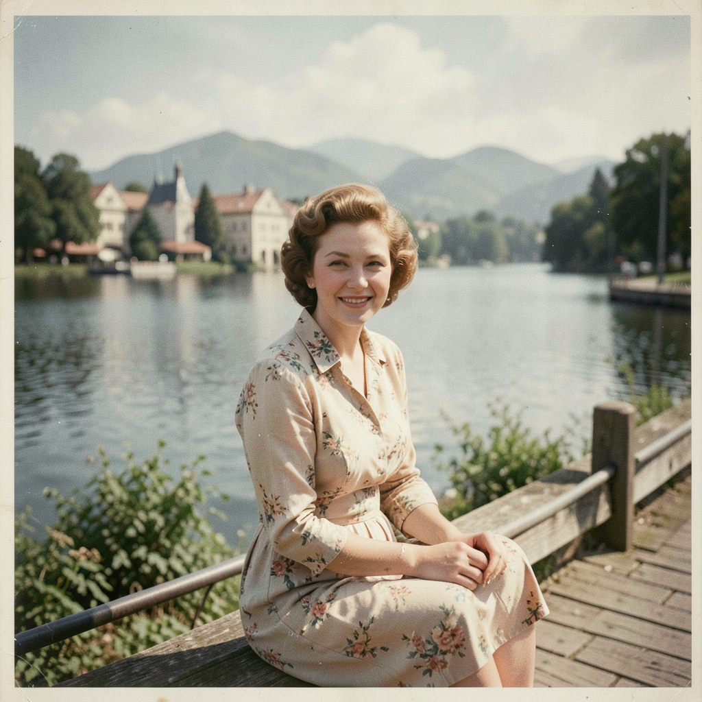 Vintage travel photograph of a woman at a lakeside hotel in 1958, muted Kodachrome colors, gentle grain, candid elegance.