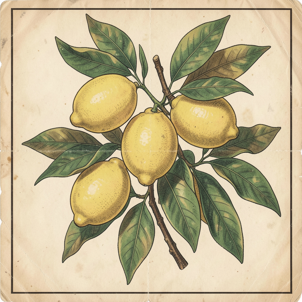 1930s-style botanical advertisement illustration of lemons and leaves, aged paper, limited color palette, no readable type.