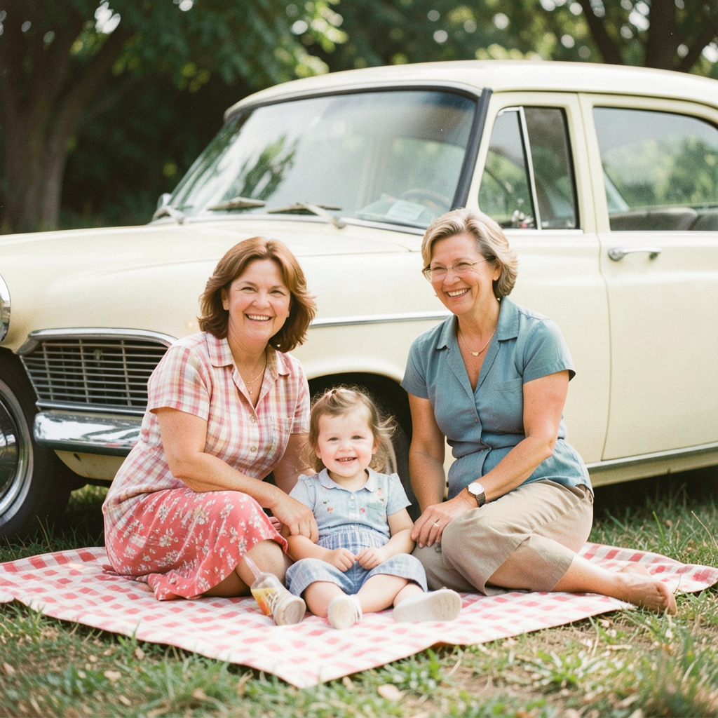 Vintage family picnic beside a cream-colored car, soft faded colors, natural smiles, authentic analogue photo texture.