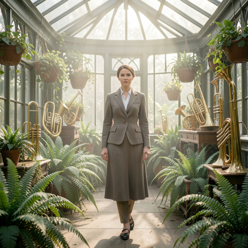 Victorian-era conservatory filled with ferns and brass instruments, a woman in tailored walking dress, soft afternoon haze.