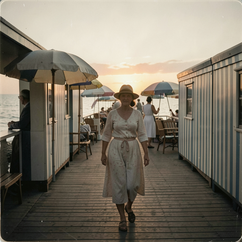 Victorian coastal promenade at sunset, striped bathing cabins, parasols, muted hand-tinted photograph aesthetic.