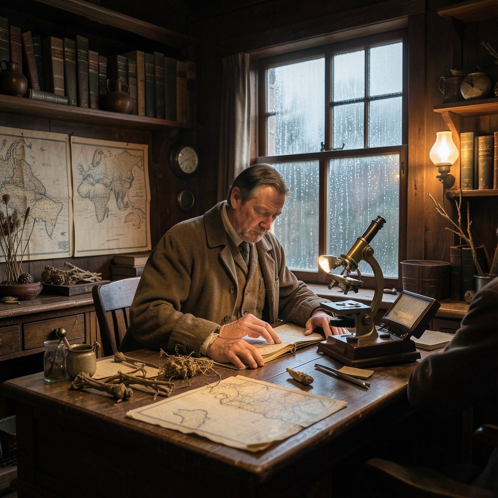 Victorian explorer's study with maps, microscope, dried specimens, and rain at the window, warm gaslight, cinematic detail.