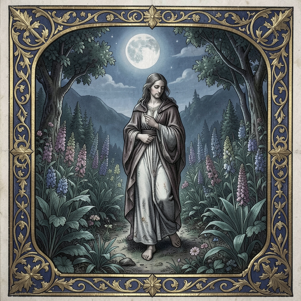 Gothic illuminated manuscript-style scene of a moonlit herb garden, ornate border, gold leaf details, no readable script.