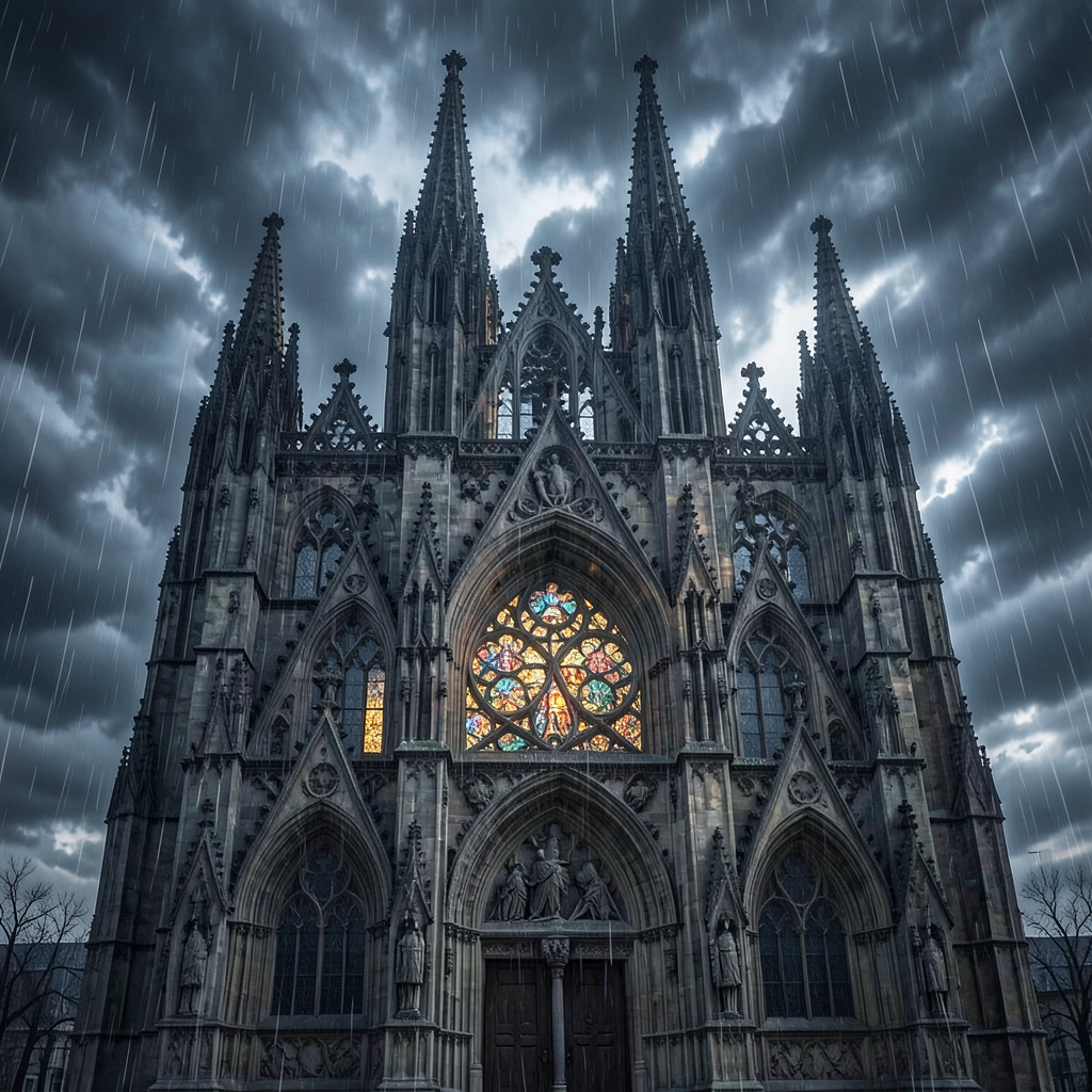 Gothic cathedral facade after rain, gargoyles, stained glass glow, dramatic clouds, highly detailed architectural art.