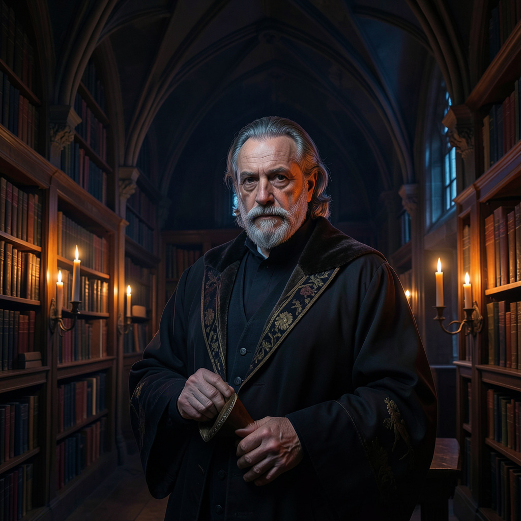 Gothic portrait of a scholar in a vaulted library, pointed arches, candlelight, jewel-tone shadows, intricate detail.