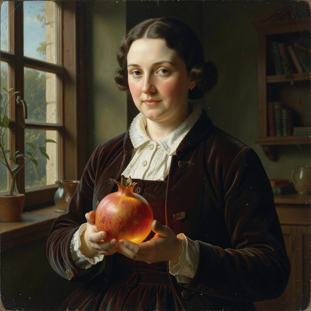 Renaissance-style portrait of a botanist holding a luminous pomegranate, velvet clothing, soft window light, detailed tempera texture.