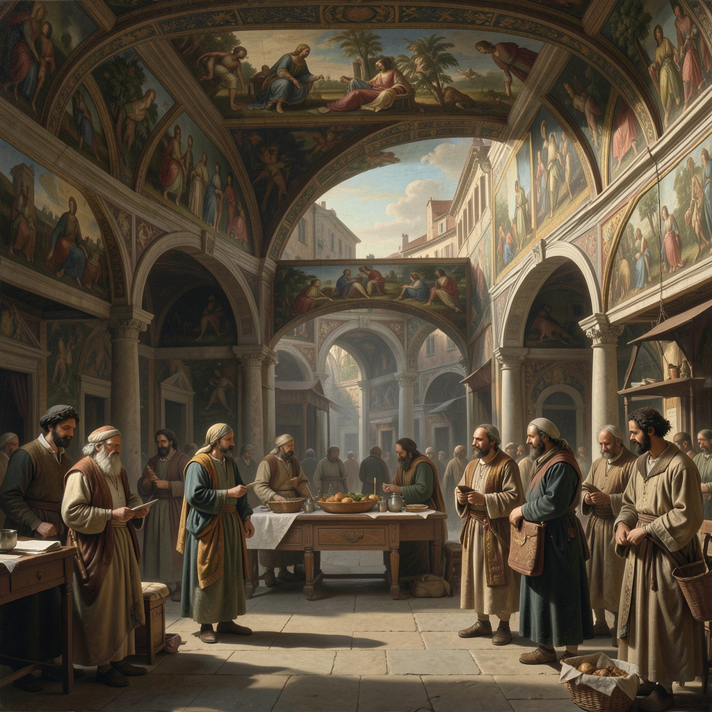 Renaissance city square at dawn, merchants and scholars beneath arches, atmospheric perspective, rich fresco-like color.
