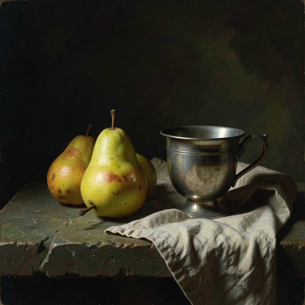 Classical Renaissance still life of pears, a silver cup, and folded linen on stone, quiet chiaroscuro, masterful detail.