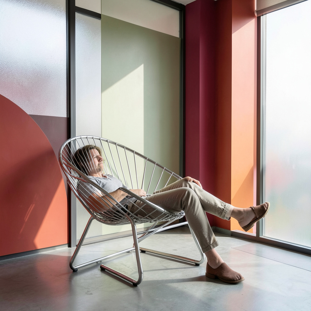 Bauhaus-inspired interior with tubular steel chair, primary-color wall shapes, frosted glass, clean morning light.