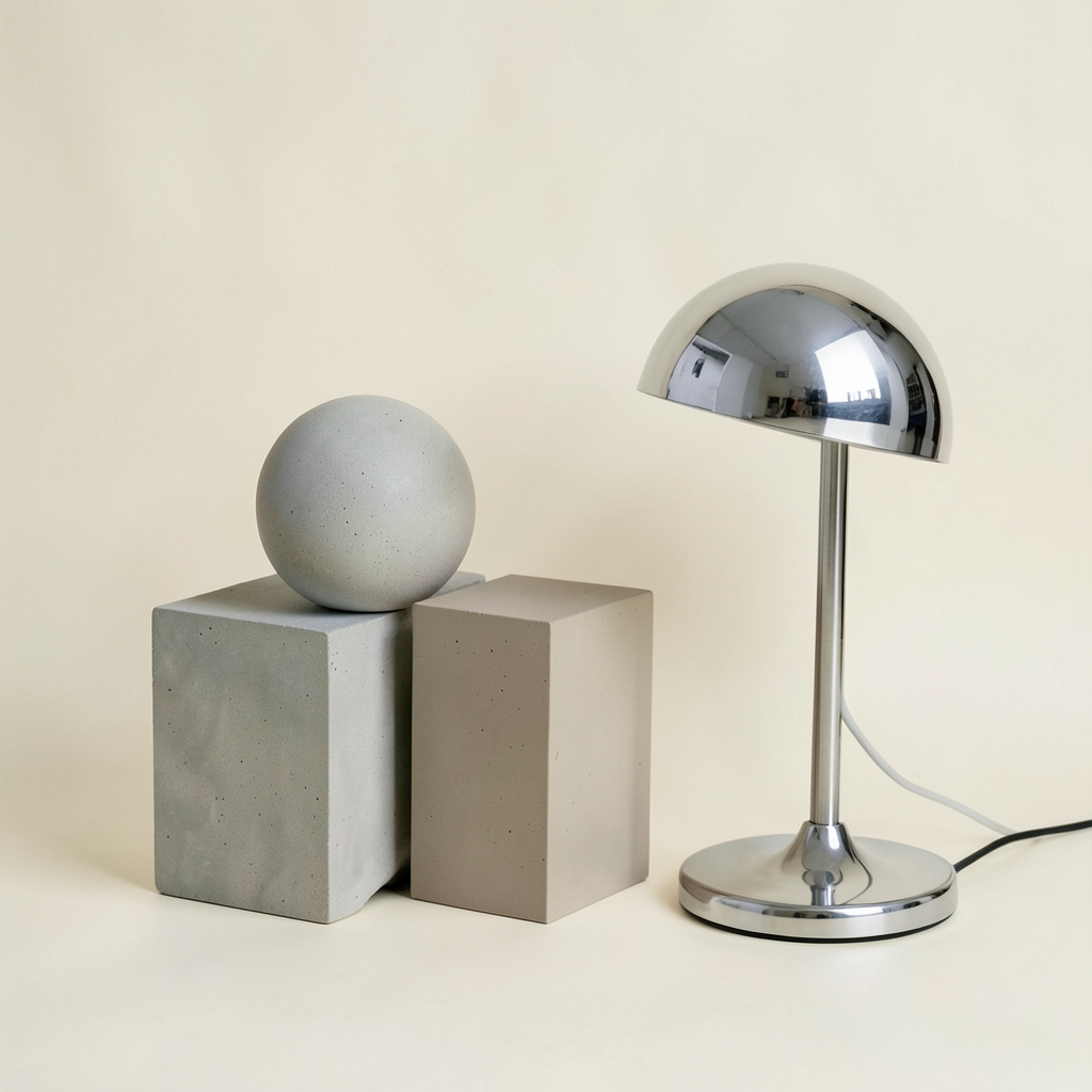 Bauhaus geometric still life of spheres, cubes, and a chrome lamp, balanced grid, cream backdrop, studio photography.