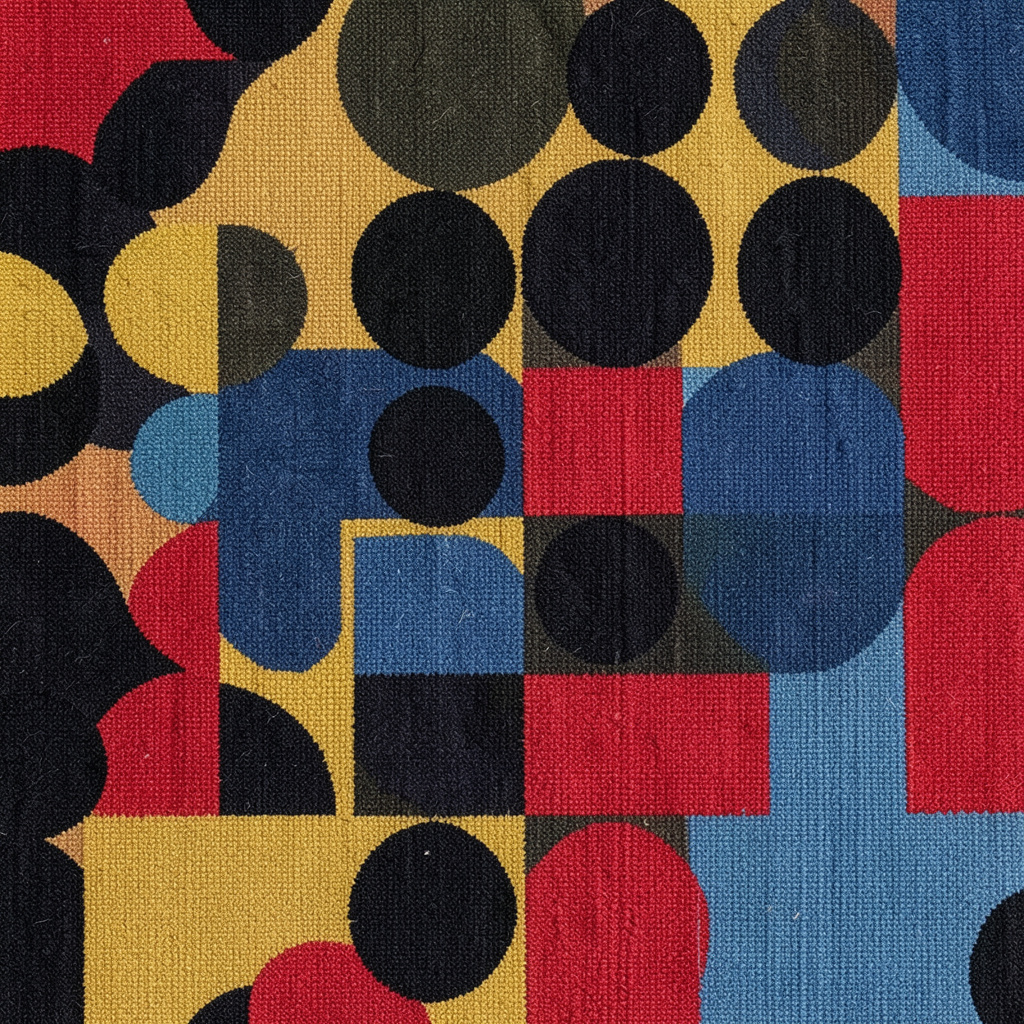 Bauhaus textile pattern of circles and stair-step forms in black, mustard, red, and blue, precise woven texture.