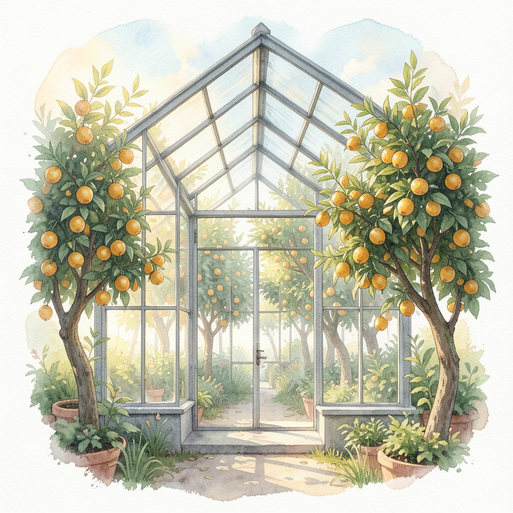 Watercolor illustration of a glass greenhouse overflowing with citrus trees, translucent washes, loose edges, warm morning light.