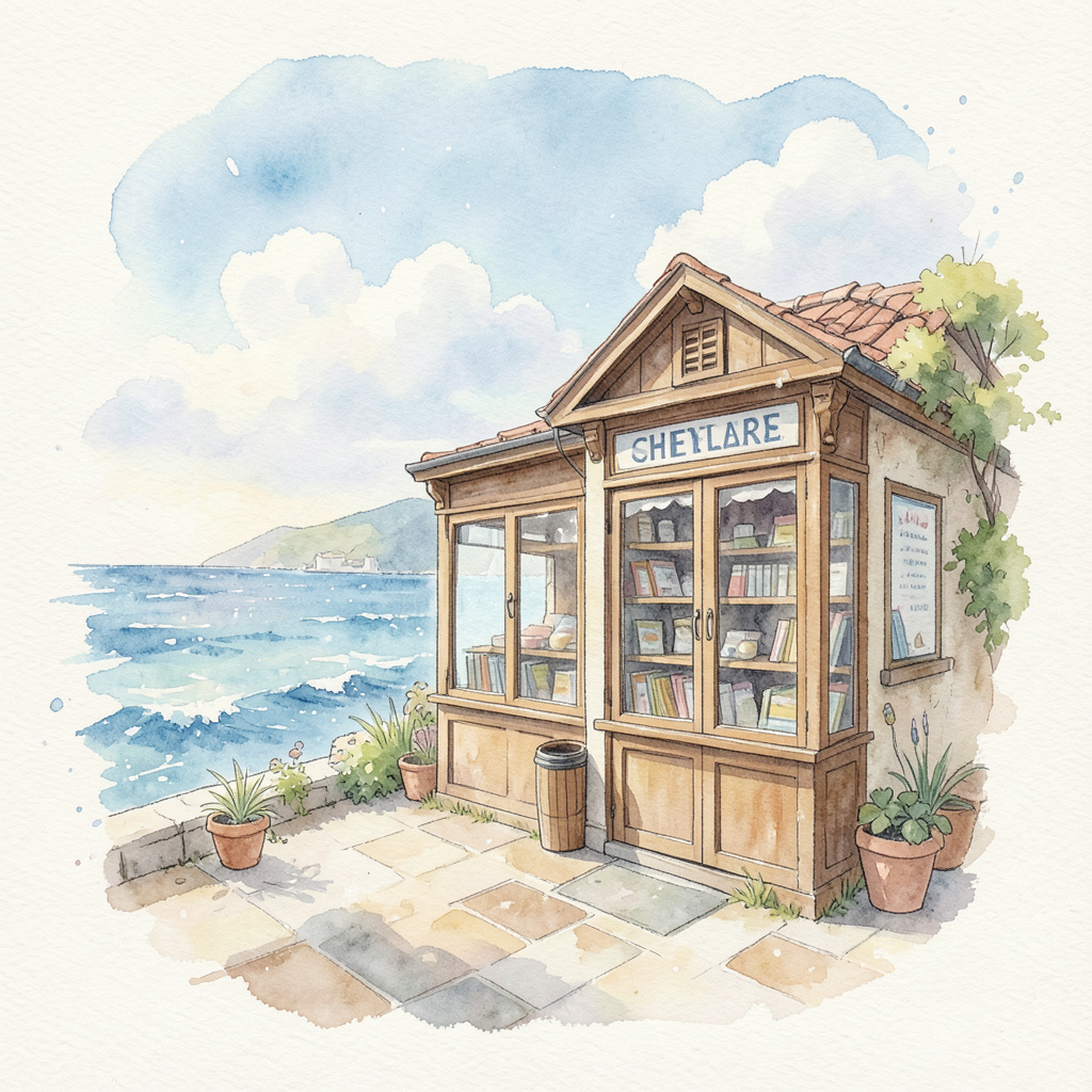 Delicate watercolor of a seaside bookstore on a windy afternoon, sea-spray blues, cream paper grain, hand-painted details.
