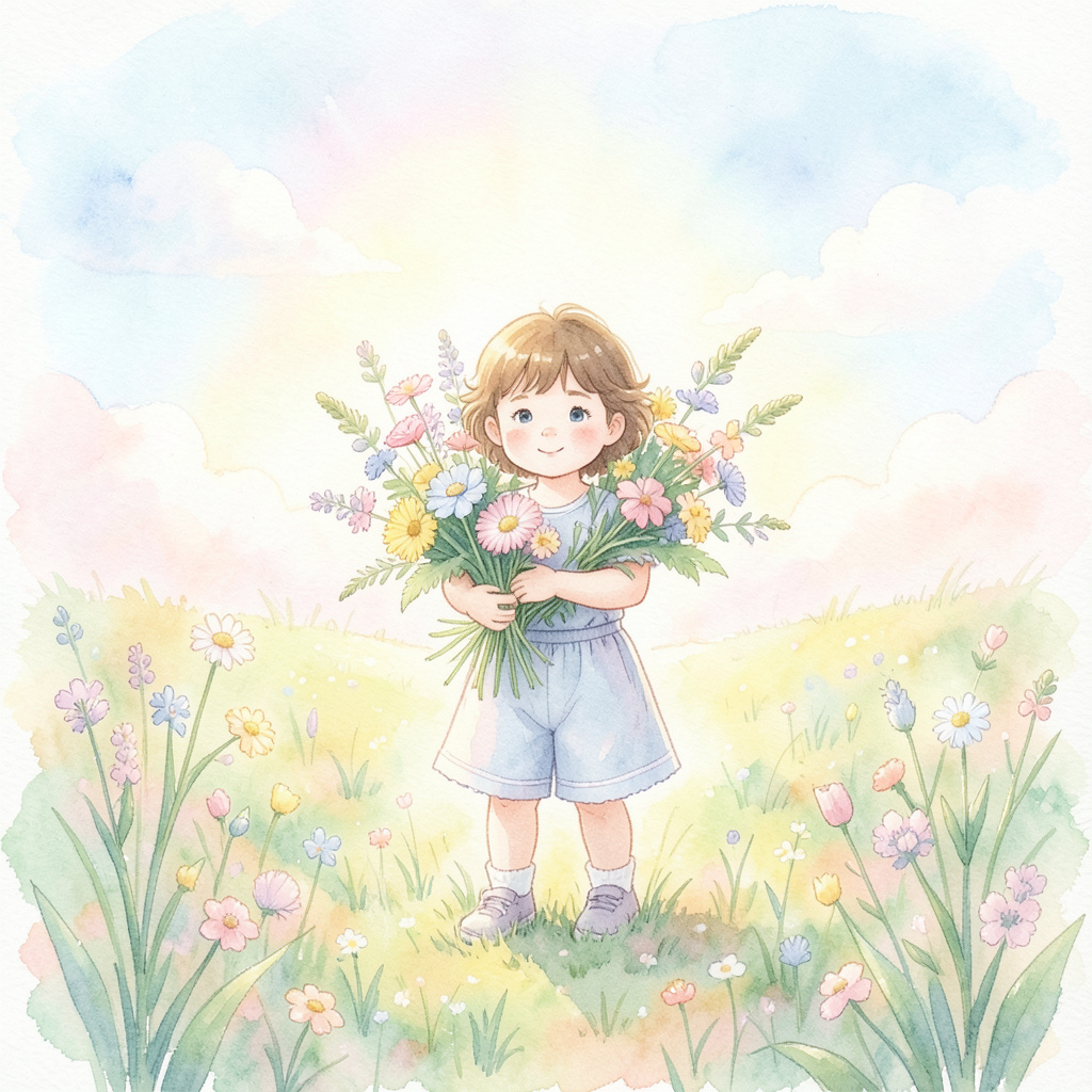 Whimsical watercolor illustration of a child carrying wildflowers through a meadow, soft pastel palette, luminous sky.