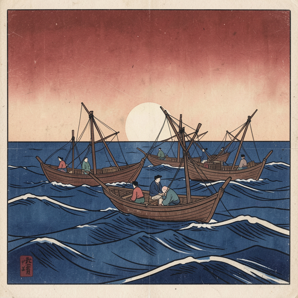 Japanese ukiyo-e woodblock print of fishing boats crossing indigo waves beneath a crimson dawn, flat mineral pigments, visible paper texture.