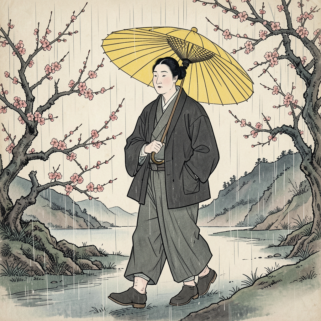 Ukiyo-e portrait of a traveler with a yellow umbrella walking beside plum blossoms in spring rain, elegant contour lines.
