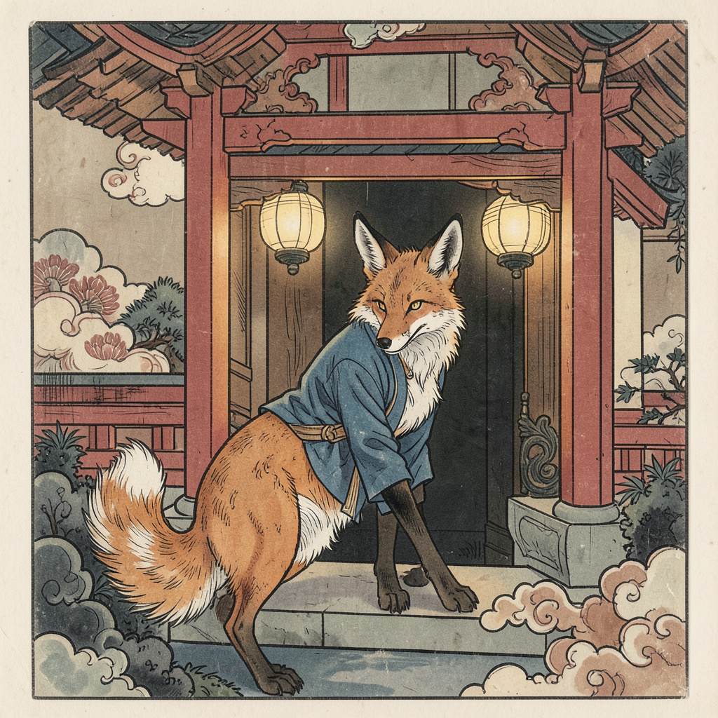 Traditional woodblock scene of a fox spirit at a lantern-lit shrine, vermilion gates, patterned clouds, muted ink and color.