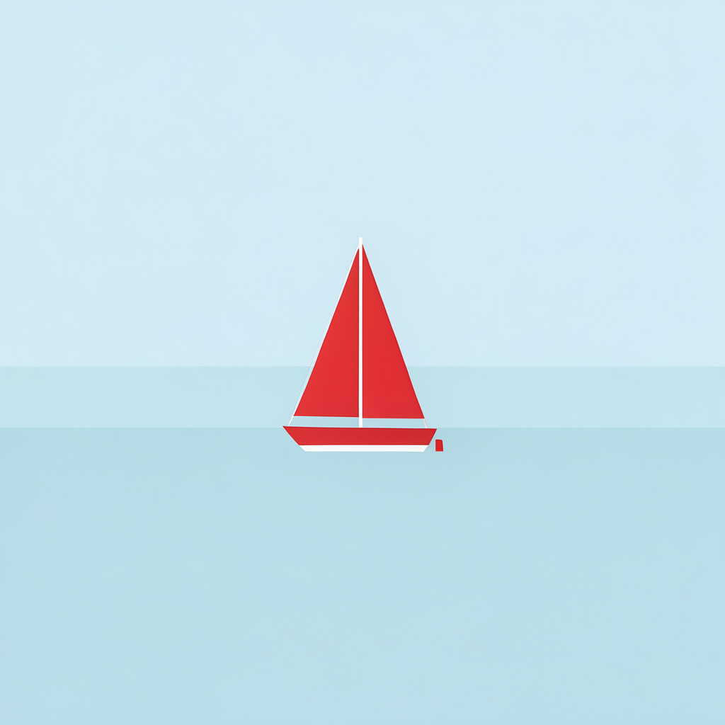 Minimalist poster of a single red sailboat on a pale-blue sea, flat geometry, generous negative space, no text.