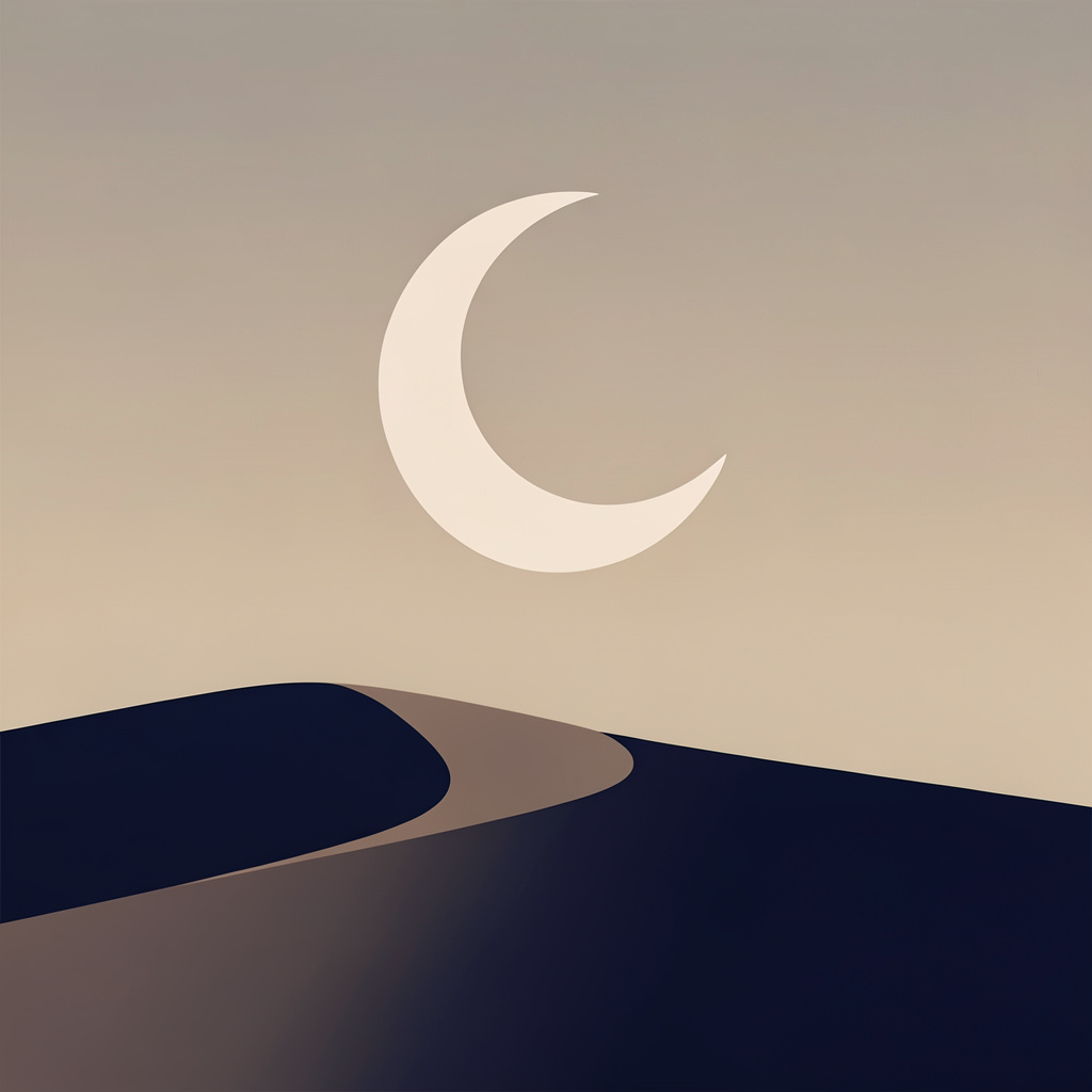 Minimalist poster of a crescent moon above a quiet sand dune, warm beige and midnight navy, clean graphic composition.