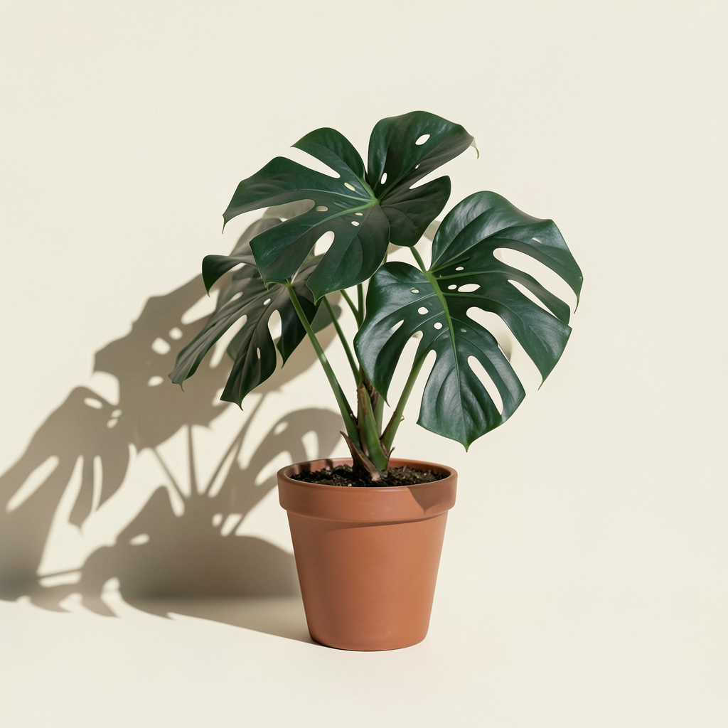 Minimalist poster of a potted monstera casting a long shadow, cream backdrop, one emerald accent, no lettering.
