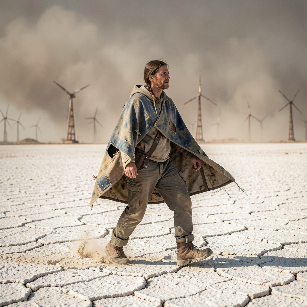 A solitary scavenger crossing a salt-flat wasteland with a patched solar cloak, distant rusted wind turbines, dust storm on the horizon.