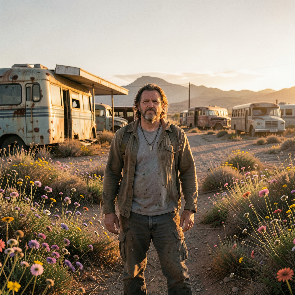 Post-apocalyptic roadside diner reclaimed by desert wildflowers, abandoned buses, late golden light, cinematic wide shot.