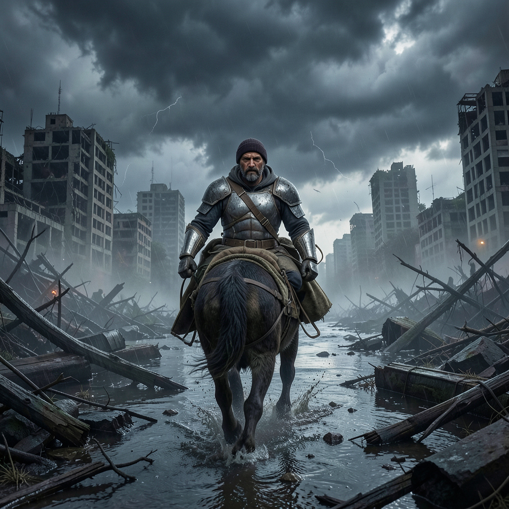 Armored traveler leading a pack animal through the remains of a flooded megacity, storm clouds, weathered realism, epic scale.