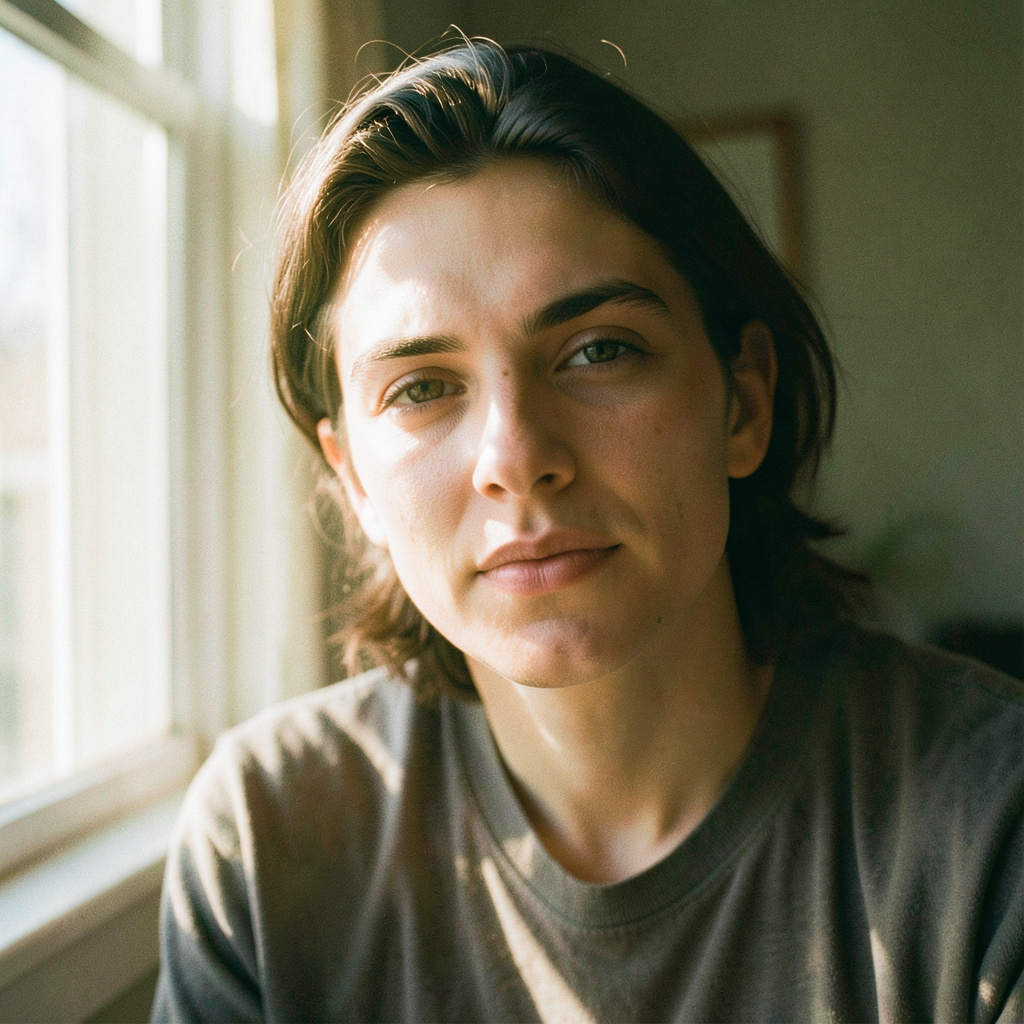 Recast the uploaded photo as an intimate 35mm summer film frame while keeping the face unchanged. Use soft window sunlight, restrained amber grain, gentle highlight bloom, washed olive and cream tones, and a quietly candid pose. Preserve…