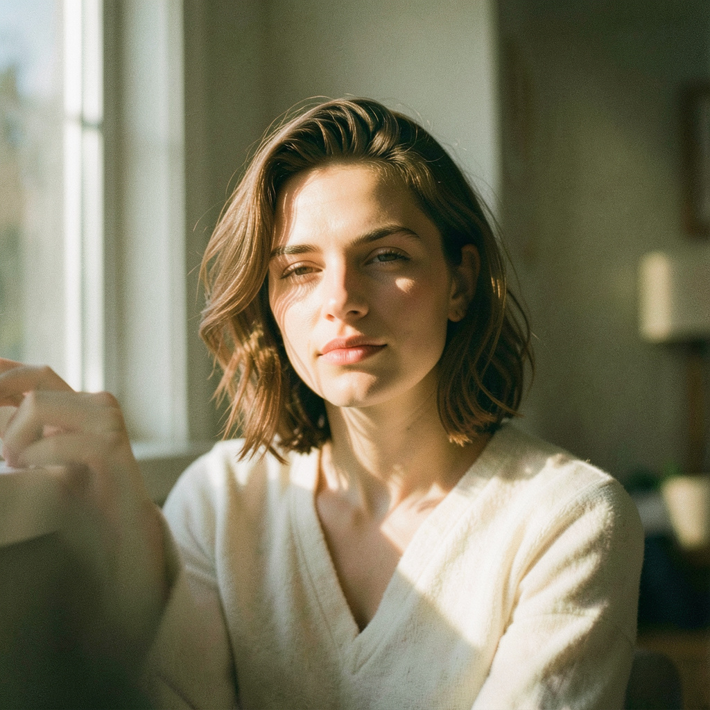Recast the uploaded photo as an intimate 35mm summer film frame while keeping the face unchanged. Use soft window sunlight, restrained amber grain, gentle highlight bloom, washed olive and cream tones, and a quietly candid pose. Preserve…