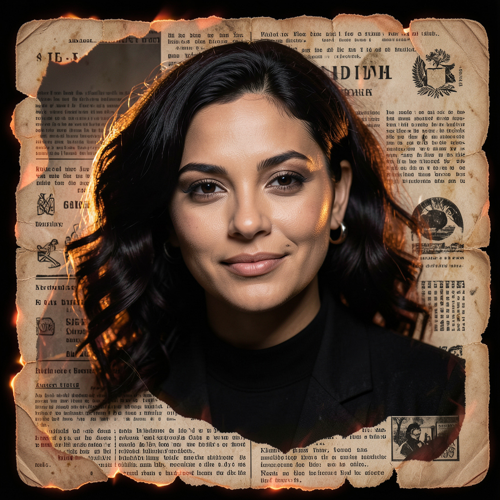 Use the uploaded face unchanged in a cinematic editorial portrait framed by an abstract vintage newsprint collage. Let only the paper edges glow like embers, with warm reflected light on the subject and a dark velvety background. Keep all…