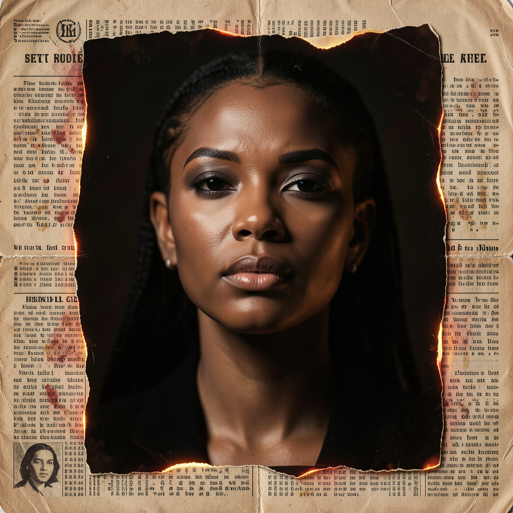 Use the uploaded face unchanged in a cinematic editorial portrait framed by an abstract vintage newsprint collage. Let only the paper edges glow like embers, with warm reflected light on the subject and a dark velvety background. Keep all…