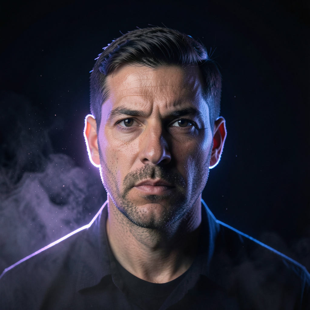 Keep the uploaded identity precisely intact and create a commanding electric-halo portrait. Shoot from a slightly low angle with a deep midnight background, a narrow violet-blue rim light around the shoulders, light atmospheric haze, and…