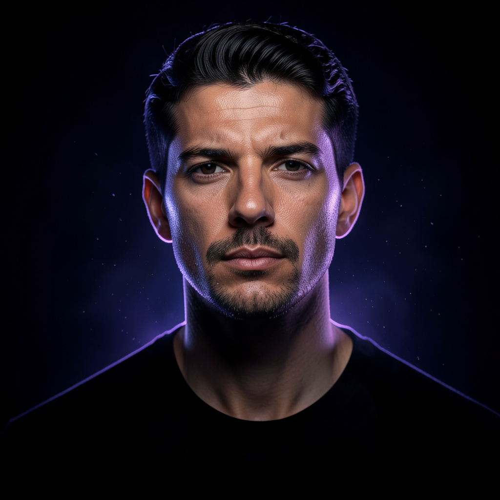 Keep the uploaded identity precisely intact and create a commanding electric-halo portrait. Shoot from a slightly low angle with a deep midnight background, a narrow violet-blue rim light around the shoulders, light atmospheric haze, and…