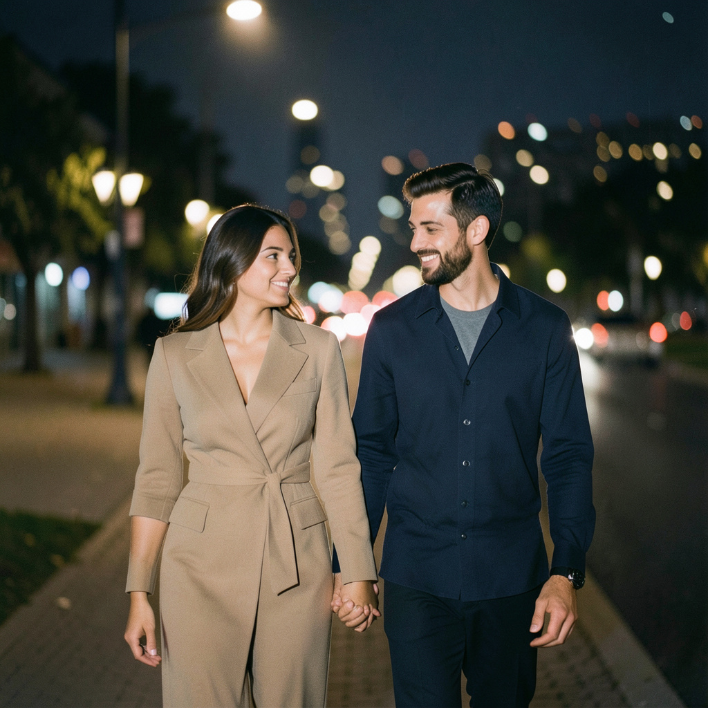 Keep both people in the uploaded couple photo fully recognizable and distinct. Recast the scene as a stylish evening walk beneath distant city lights: complementary taupe and navy outfits, a soft reflected glow on their faces, and a relaxed…