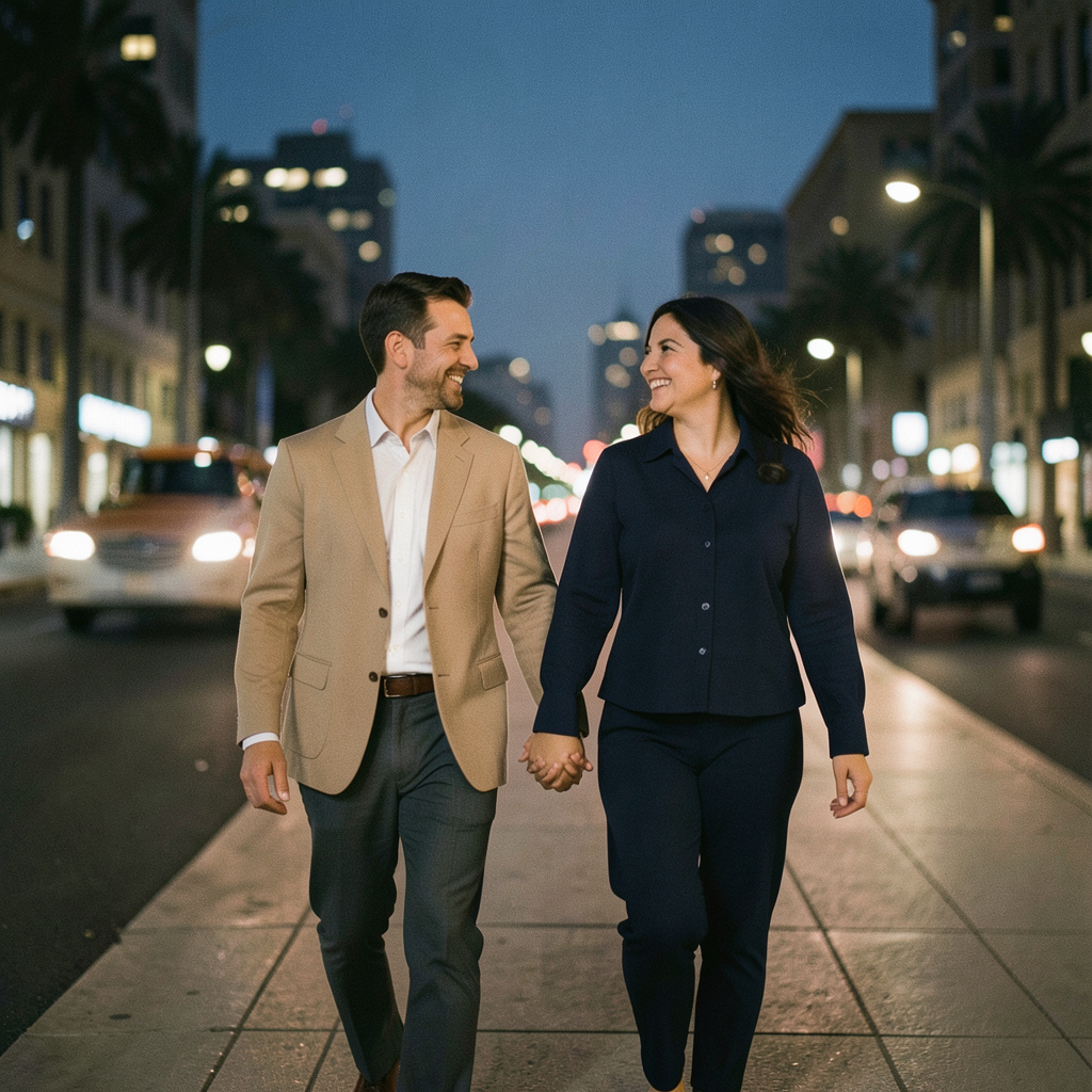 Keep both people in the uploaded couple photo fully recognizable and distinct. Recast the scene as a stylish evening walk beneath distant city lights: complementary taupe and navy outfits, a soft reflected glow on their faces, and a relaxed…