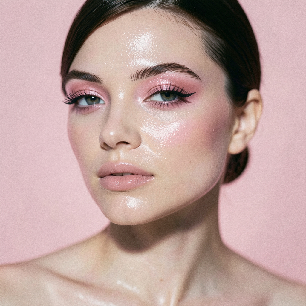 Reimagine the uploaded portrait as a luminous beauty editorial while preserving the person's exact identity. Frame a three-quarter close-up with sheer rose makeup, softly feathered brows, glass-skin highlights that still show pores, and a…