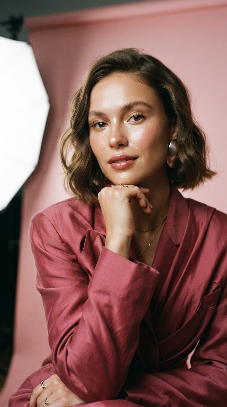 Reimagine the uploaded portrait as a luminous beauty editorial while preserving the person's exact identity. Frame a three-quarter close-up with sheer rose makeup, softly feathered brows, glass-skin highlights that still show pores, and a…
