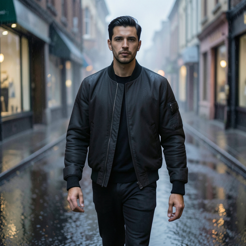 Preserve the uploaded subject exactly and place him on a rain-washed side street after sunset. Add a dark bomber jacket, puddles reflecting muted storefront colors, a light mist, and a candid mid-step pose. Keep the face naturally lit, use…