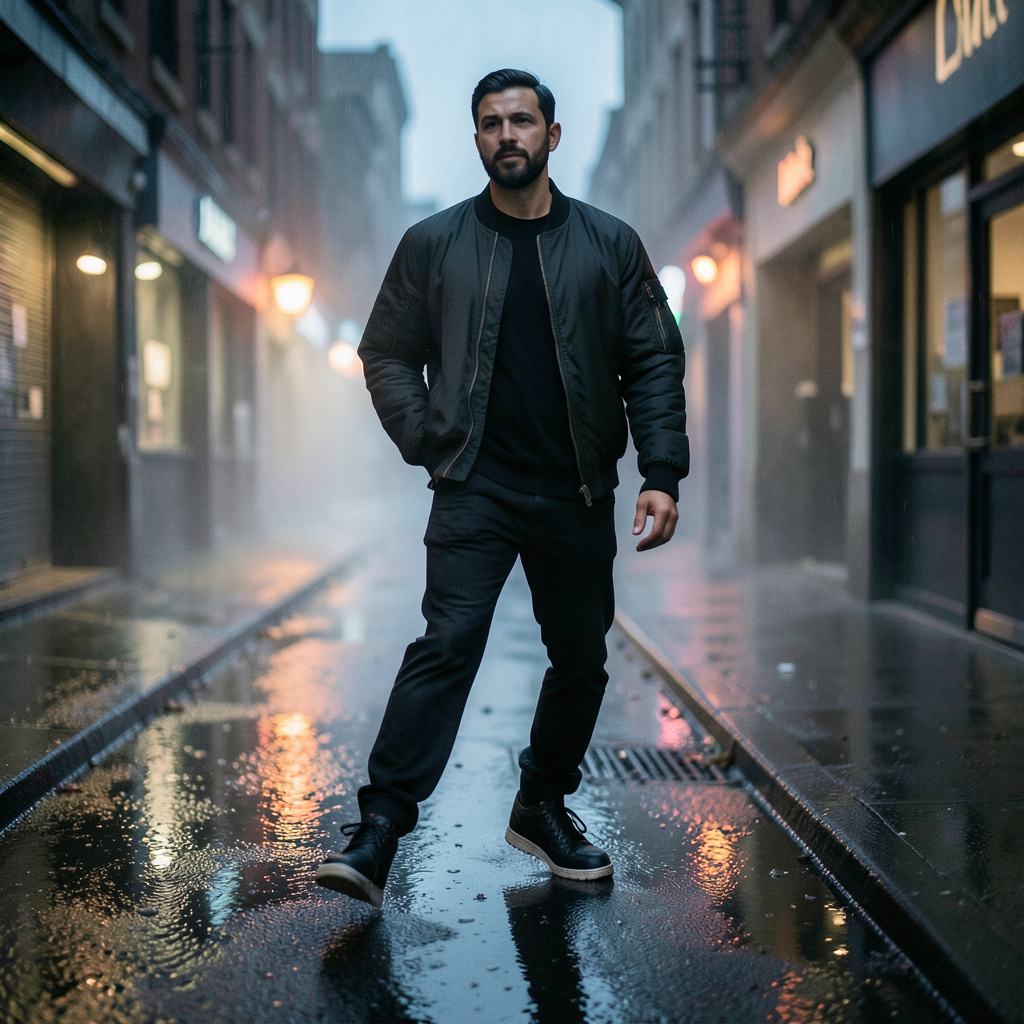 Preserve the uploaded subject exactly and place him on a rain-washed side street after sunset. Add a dark bomber jacket, puddles reflecting muted storefront colors, a light mist, and a candid mid-step pose. Keep the face naturally lit, use…