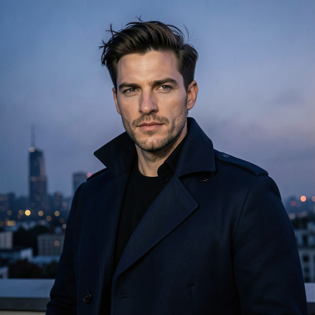 Create a polished rooftop fashion image from the uploaded photo while retaining the same identity. Give the subject a tonal navy outfit, a windswept collar, and a distant city skyline dissolving into indigo dusk. Use a low, slightly wide…