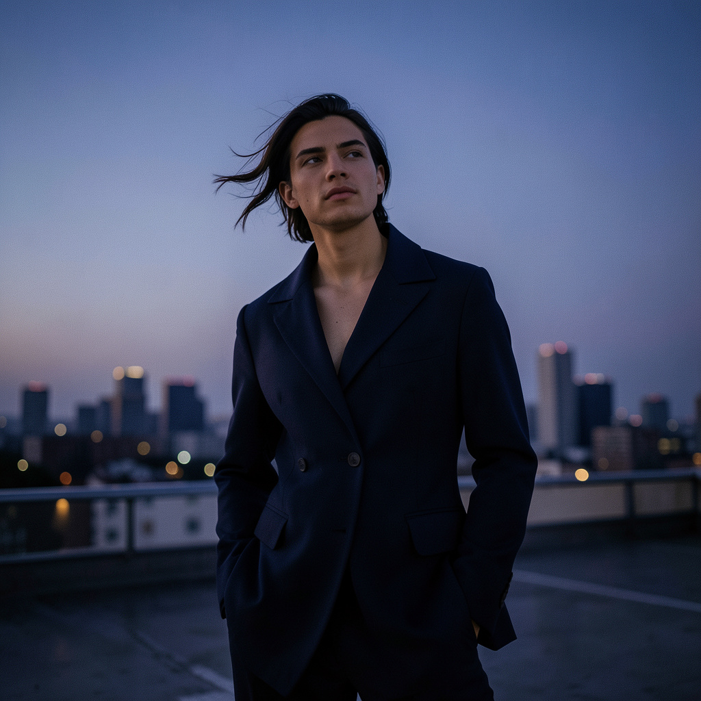 Create a polished rooftop fashion image from the uploaded photo while retaining the same identity. Give the subject a tonal navy outfit, a windswept collar, and a distant city skyline dissolving into indigo dusk. Use a low, slightly wide…