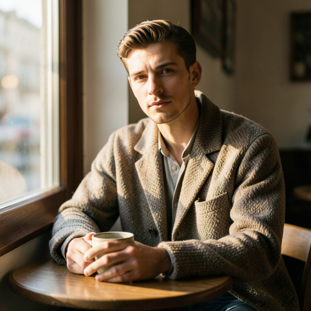 Restyle the uploaded image into an intimate cafe portrait without altering the subject's face. Seat him at a small window table with a stoneware cup, a textured overshirt, and low golden morning light cutting across the frame. Use a calm…