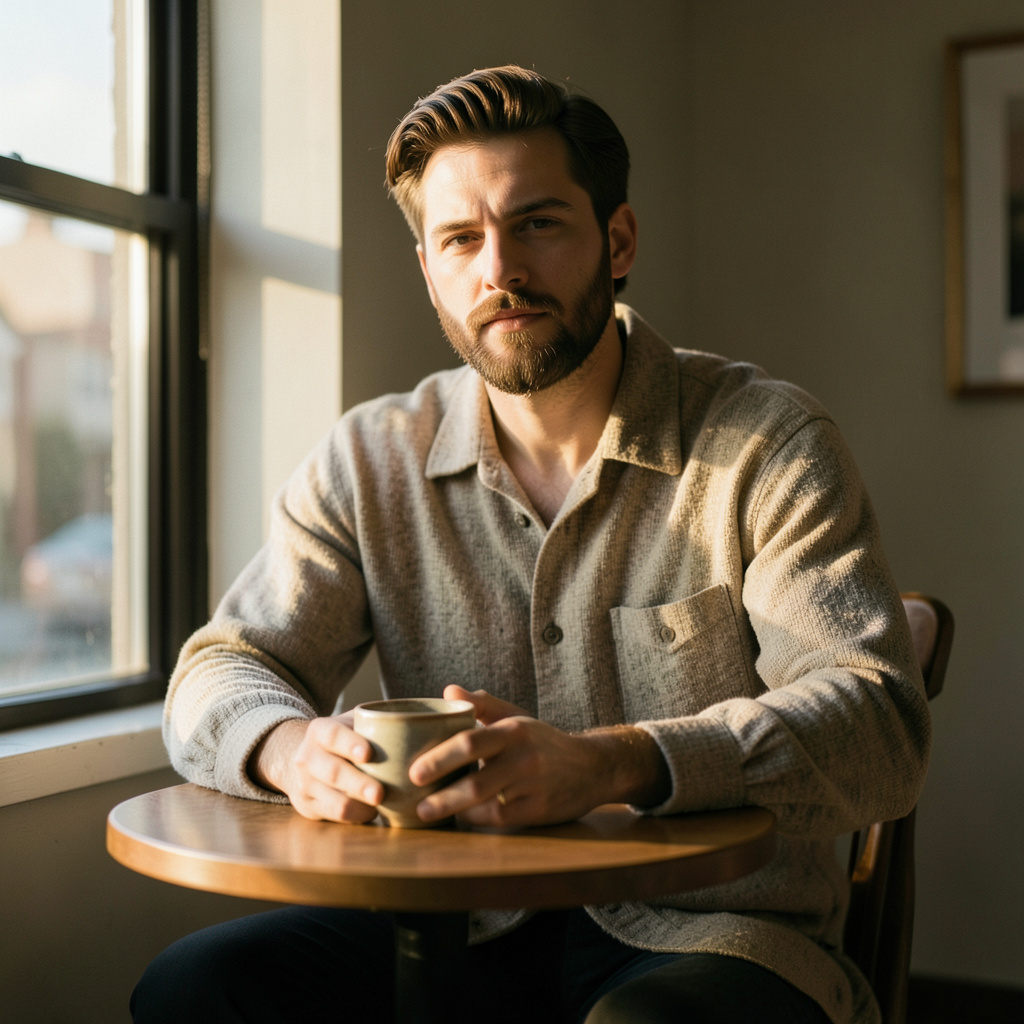Restyle the uploaded image into an intimate cafe portrait without altering the subject's face. Seat him at a small window table with a stoneware cup, a textured overshirt, and low golden morning light cutting across the frame. Use a calm…