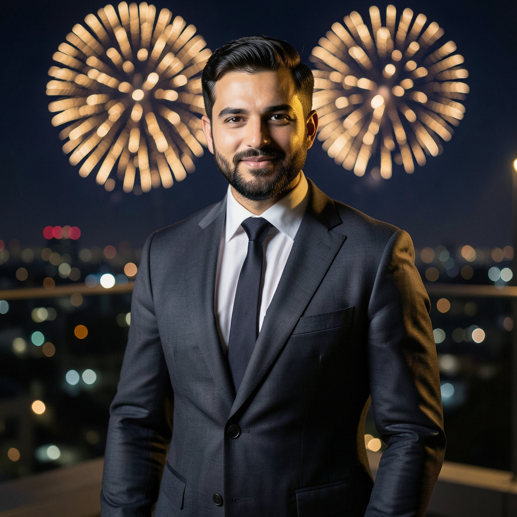 Keep the uploaded person's face and expression intact, then create a glamorous New Year's rooftop portrait. Dress the subject in subtle evening tailoring, set gold fireworks as distant bokeh beyond the skyline, and use deep navy shadows…